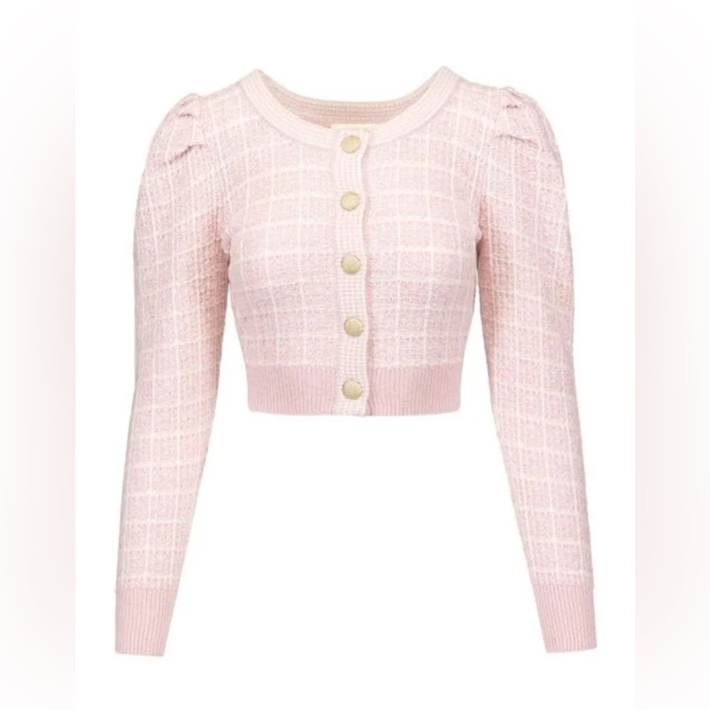 NWT LoveShackFancy Daughter Checked Crop Wool Cardigan Sweater in Pink Winds, S
